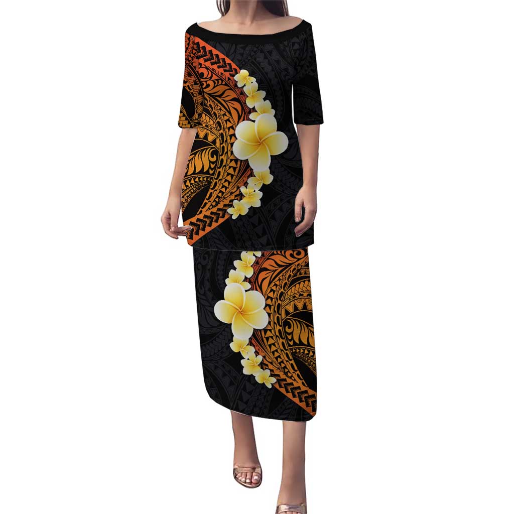 Hawaiian Tropical Plumeria Art Polynesian Tattoo Puletasi Black and Autumn Color Theme LT03 Long Dress Orange - Polynesian Pride