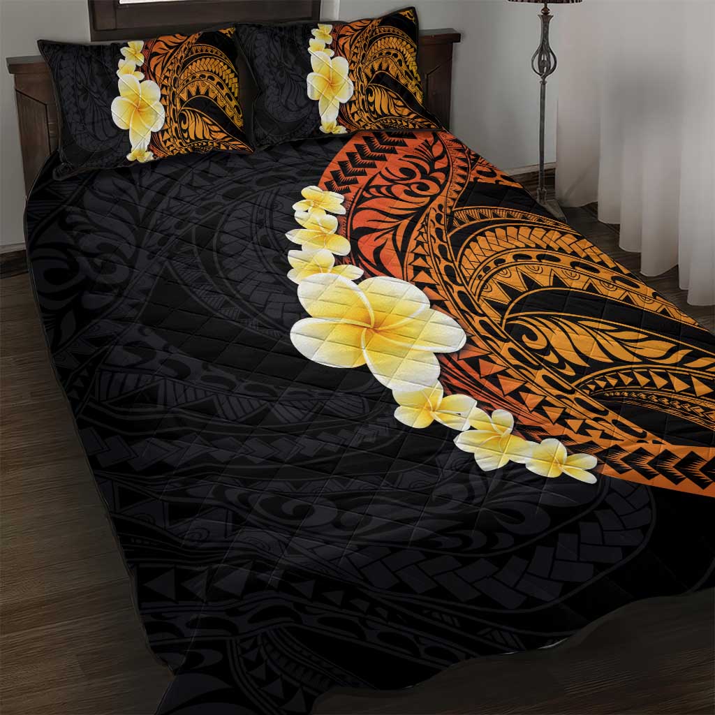 Hawaiian Tropical Plumeria Art Polynesian Tattoo Quilt Bed Set Black and Autumn Color Theme LT03 Orange - Polynesian Pride