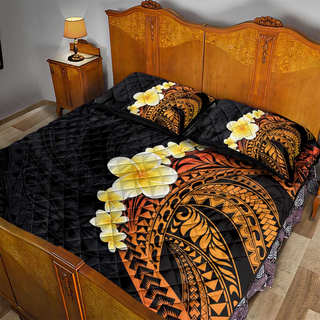 Hawaiian Tropical Plumeria Art Polynesian Tattoo Quilt Bed Set Black and Autumn Color Theme LT03 - Polynesian Pride