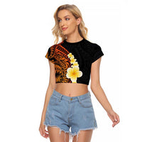 Hawaiian Tropical Plumeria Art Polynesian Tattoo Raglan Cropped T Shirt Black and Autumn Color Theme LT03 Female Orange - Polynesian Pride