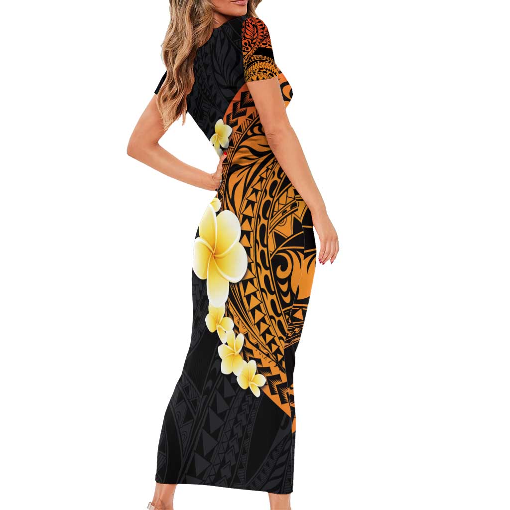 Hawaiian Tropical Plumeria Art Polynesian Tattoo Short Sleeve Bodycon Dress Black and Autumn Color Theme LT03 - Polynesian Pride