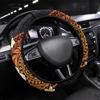 Hawaiian Tropical Plumeria Art Polynesian Tattoo Steering Wheel Cover Black and Autumn Color Theme LT03 Universal Fit Orange - Polynesian Pride