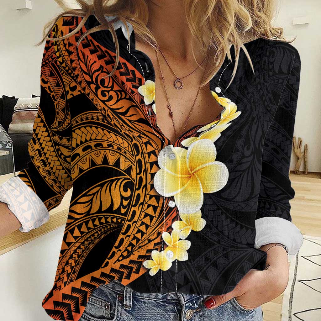 Hawaiian Tropical Plumeria Art Polynesian Tattoo Women Casual Shirt Black and Autumn Color Theme LT03 Female Orange - Polynesian Pride