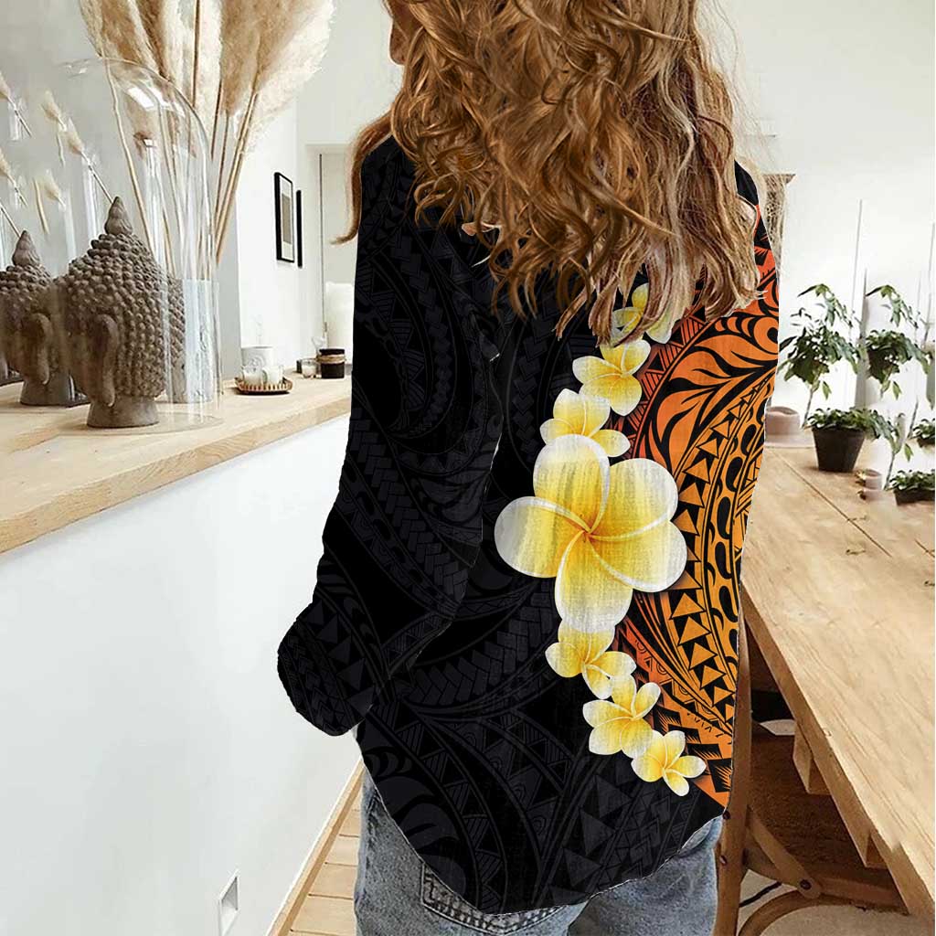 Hawaiian Tropical Plumeria Art Polynesian Tattoo Women Casual Shirt Black and Autumn Color Theme LT03 - Polynesian Pride