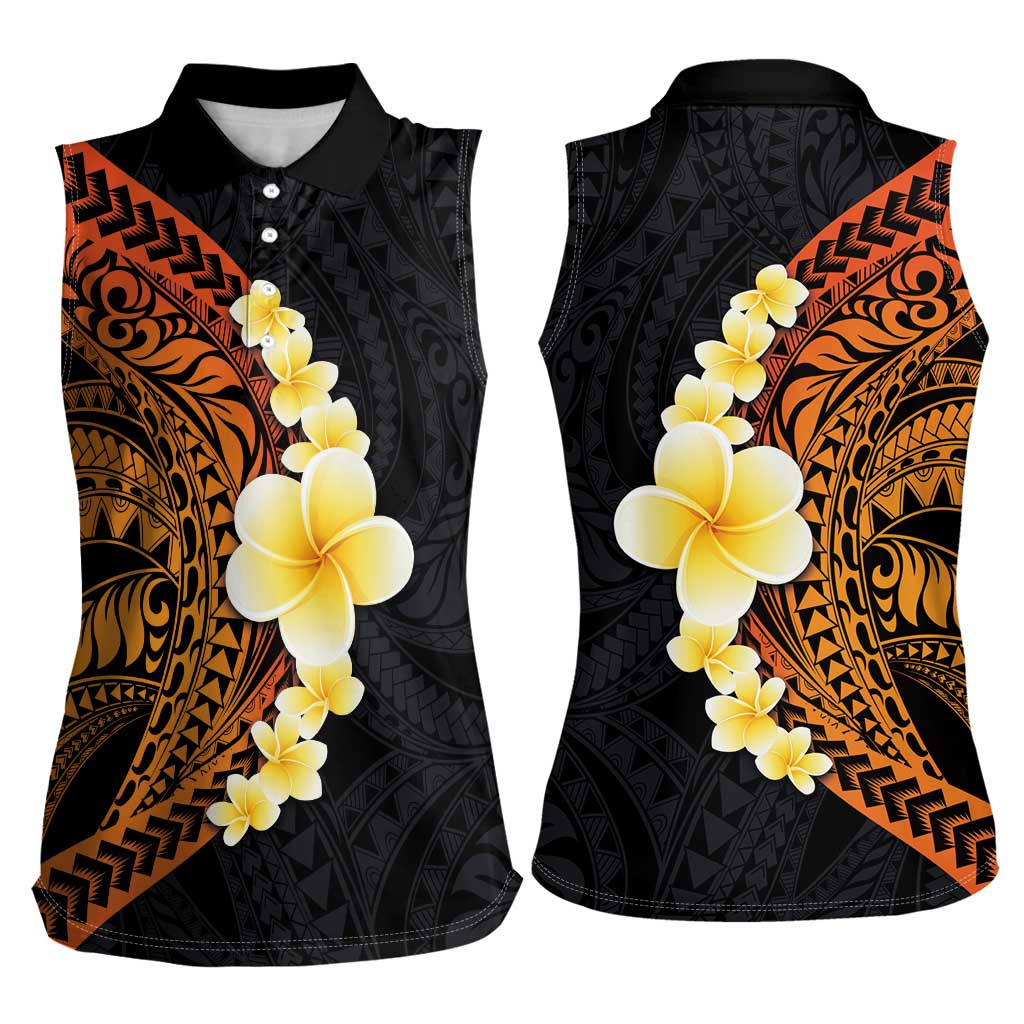Hawaiian Tropical Plumeria Art Polynesian Tattoo Women Sleeveless Polo Shirt Black and Autumn Color Theme LT03 - Polynesian Pride