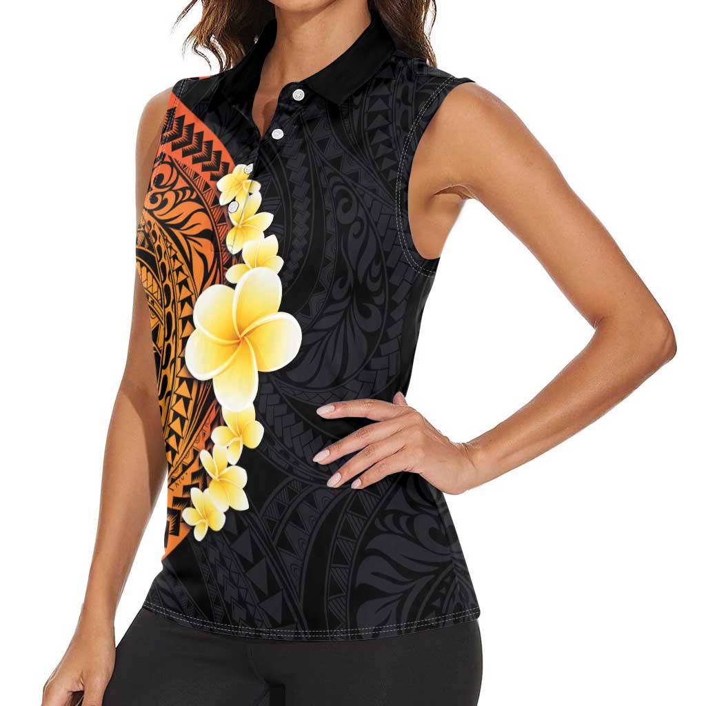 Hawaiian Tropical Plumeria Art Polynesian Tattoo Women Sleeveless Polo Shirt Black and Autumn Color Theme LT03 - Polynesian Pride