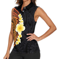 Hawaiian Tropical Plumeria Art Polynesian Tattoo Women Sleeveless Polo Shirt Black and Autumn Color Theme LT03 - Polynesian Pride