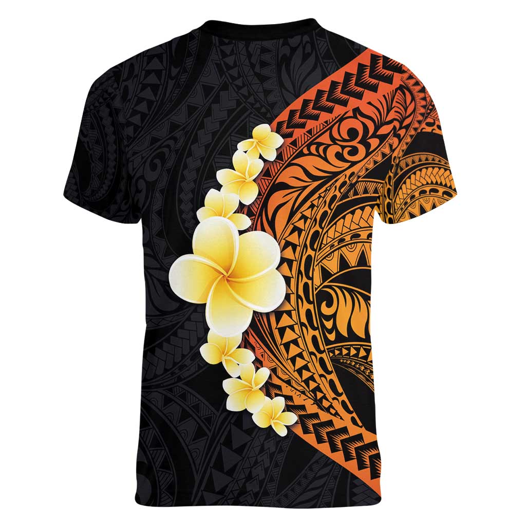 Hawaiian Tropical Plumeria Art Polynesian Tattoo Women V-Neck T-Shirt Black and Autumn Color Theme LT03 - Polynesian Pride