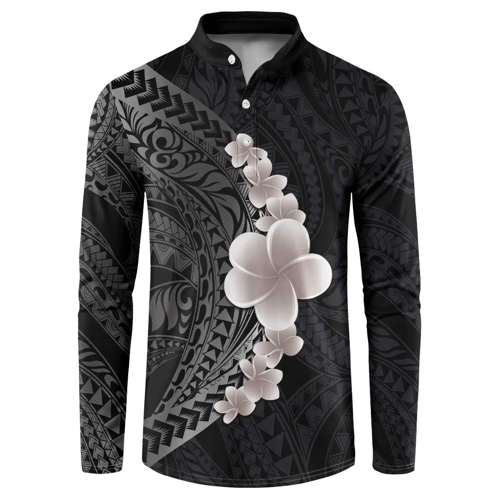 Hawaiian Tropical Plumeria Art Polynesian Tattoo Button Sweatshirt Grayscale Color LT03 Black - Polynesian Pride