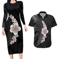 Hawaiian Tropical Plumeria Art Polynesian Tattoo Couples Matching Long Sleeve Bodycon Dress and Hawaiian Shirt Grayscale Color LT03 Black - Polynesian Pride