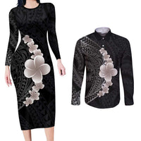 Hawaiian Tropical Plumeria Art Polynesian Tattoo Couples Matching Long Sleeve Bodycon Dress and Long Sleeve Button Shirt Grayscale Color LT03 Black - Polynesian Pride