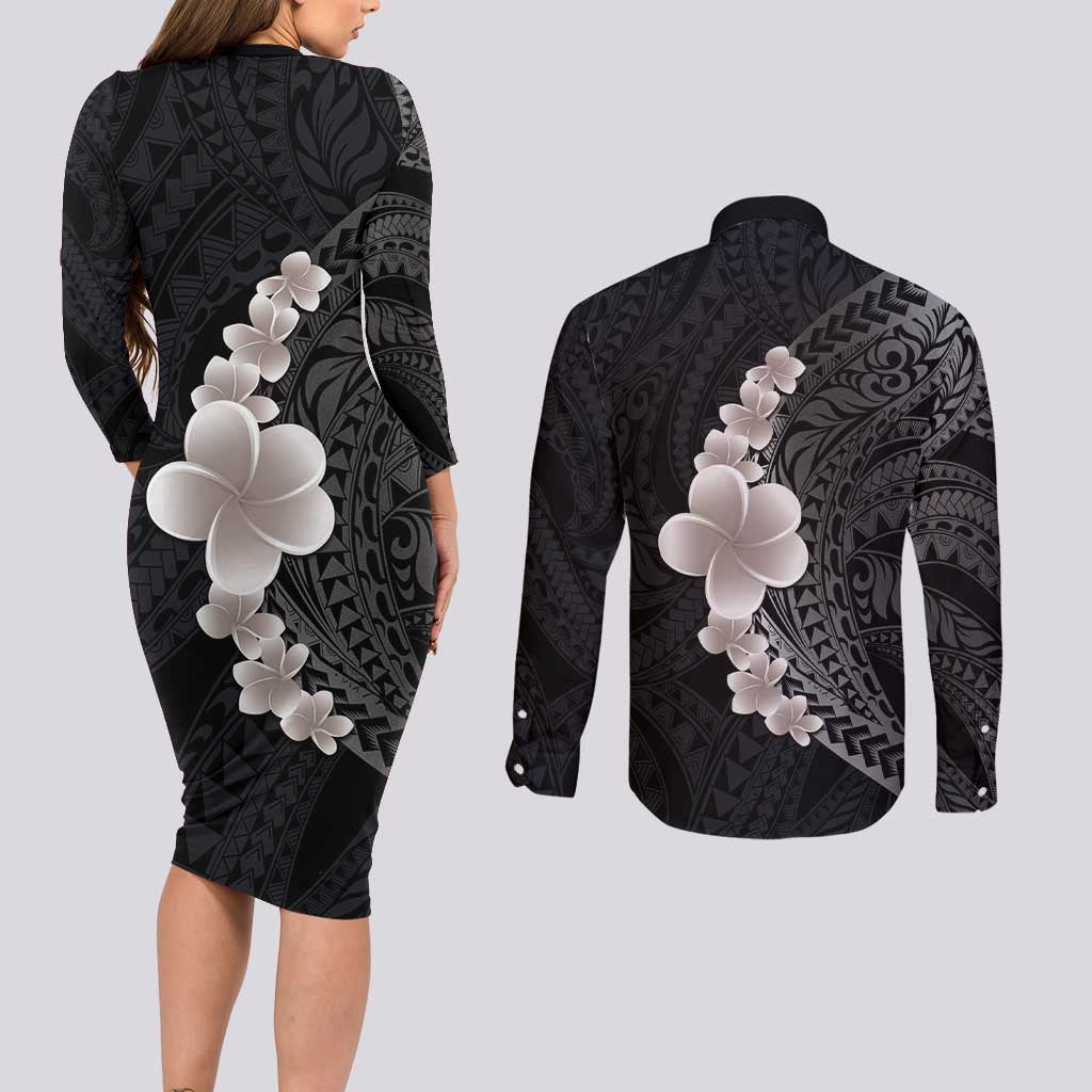 Hawaiian Tropical Plumeria Art Polynesian Tattoo Couples Matching Long Sleeve Bodycon Dress and Long Sleeve Button Shirt Grayscale Color LT03 - Polynesian Pride