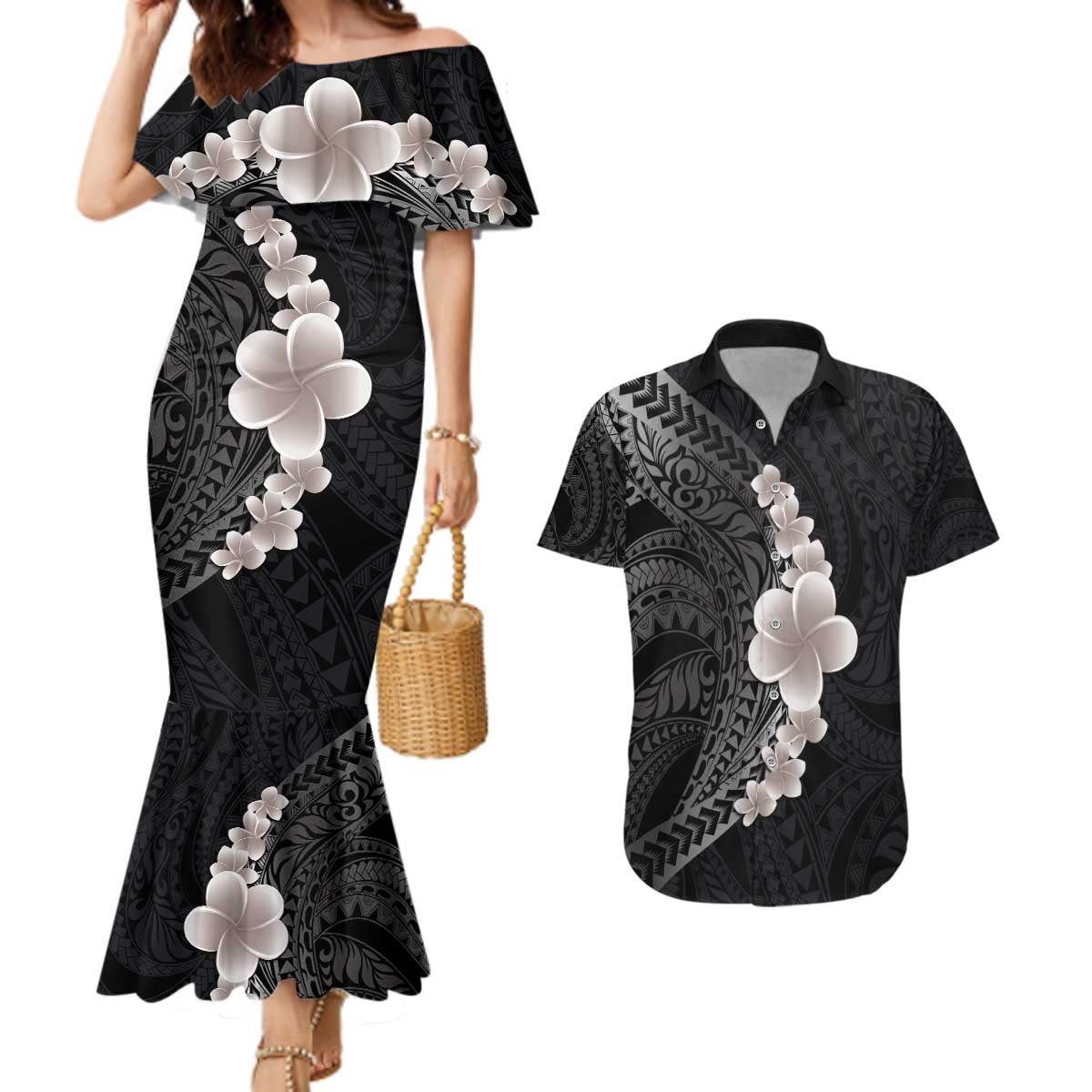 Hawaiian Tropical Plumeria Art Polynesian Tattoo Couples Matching Mermaid Dress and Hawaiian Shirt Grayscale Color LT03 Black - Polynesian Pride