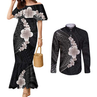 Hawaiian Tropical Plumeria Art Polynesian Tattoo Couples Matching Mermaid Dress and Long Sleeve Button Shirt Grayscale Color LT03 Black - Polynesian Pride