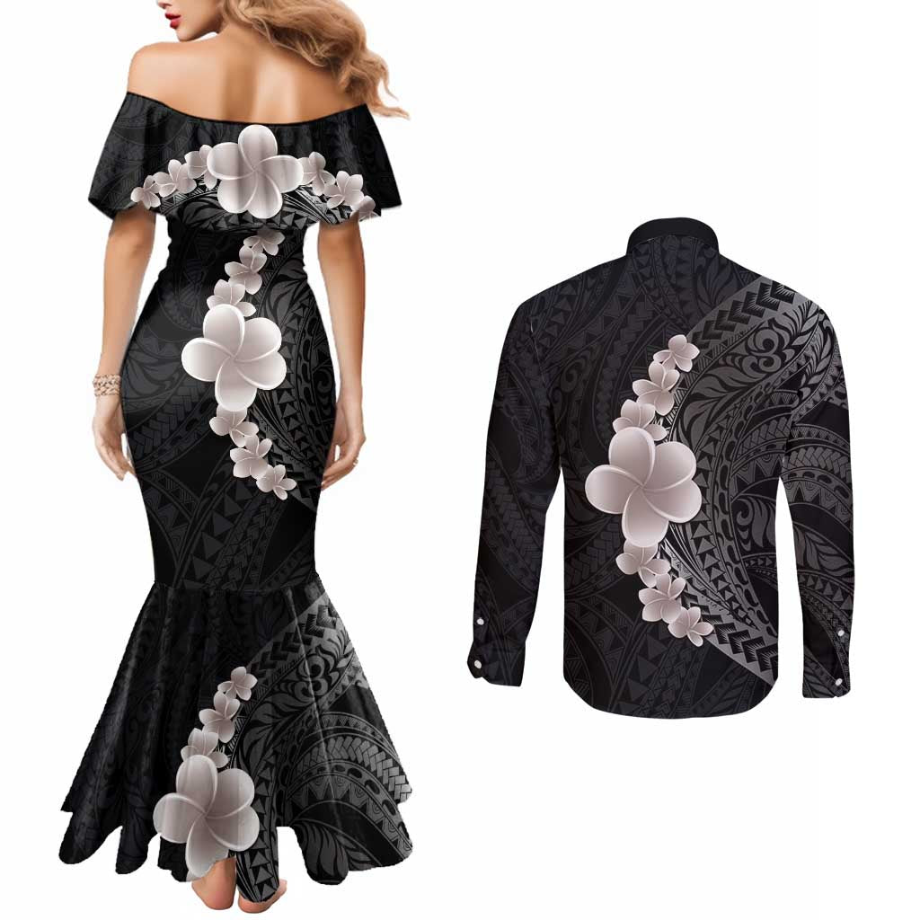 Hawaiian Tropical Plumeria Art Polynesian Tattoo Couples Matching Mermaid Dress and Long Sleeve Button Shirt Grayscale Color LT03 - Polynesian Pride