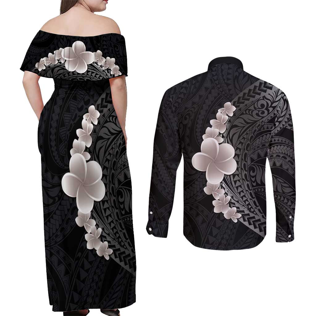 Hawaiian Tropical Plumeria Art Polynesian Tattoo Couples Matching Off Shoulder Maxi Dress and Long Sleeve Button Shirt Grayscale Color LT03 - Polynesian Pride