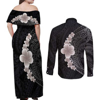Hawaiian Tropical Plumeria Art Polynesian Tattoo Couples Matching Off Shoulder Maxi Dress and Long Sleeve Button Shirt Grayscale Color LT03 - Polynesian Pride