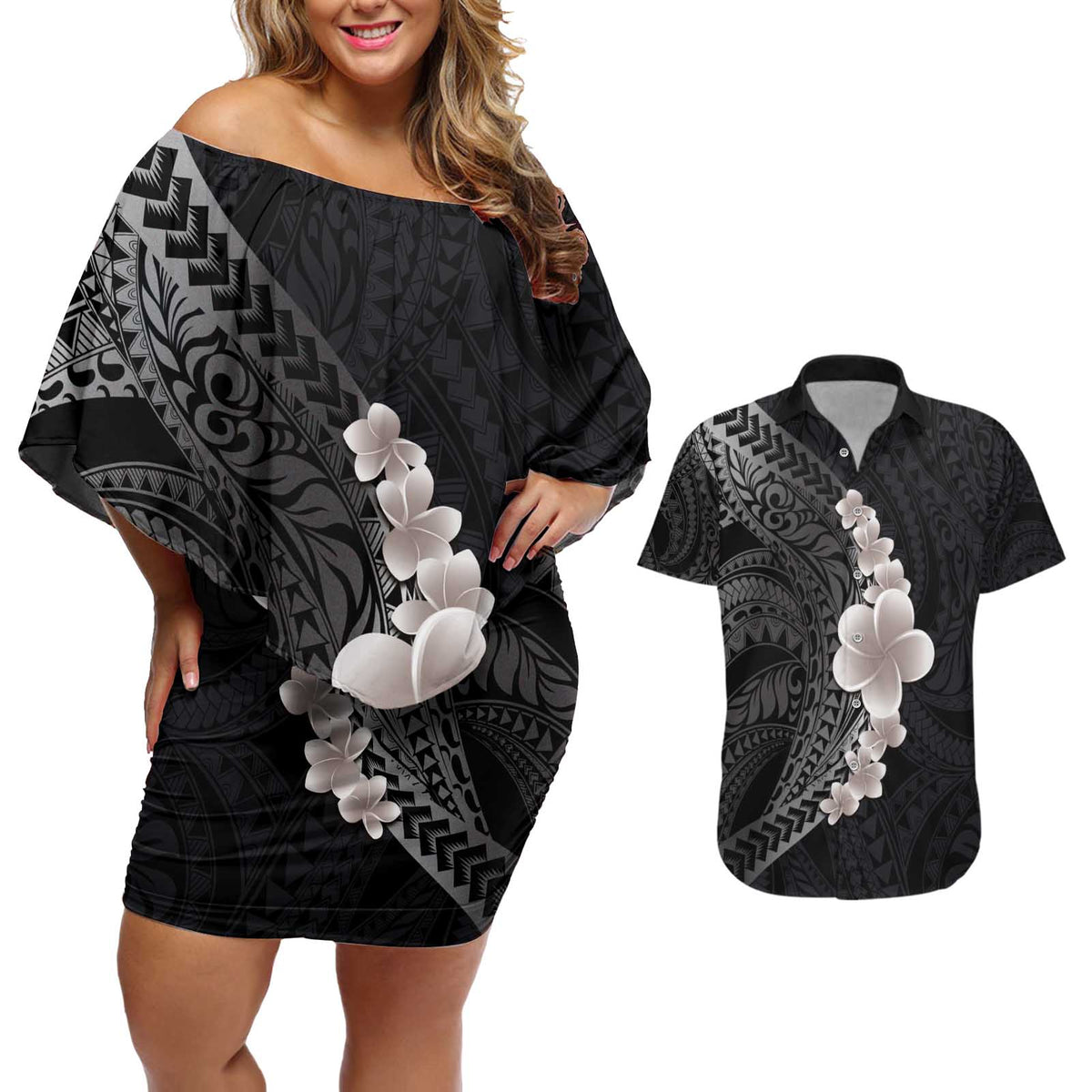 Hawaiian Tropical Plumeria Art Polynesian Tattoo Couples Matching Off Shoulder Short Dress and Hawaiian Shirt Grayscale Color LT03 Black - Polynesian Pride