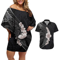 Hawaiian Tropical Plumeria Art Polynesian Tattoo Couples Matching Off Shoulder Short Dress and Hawaiian Shirt Grayscale Color LT03 Black - Polynesian Pride