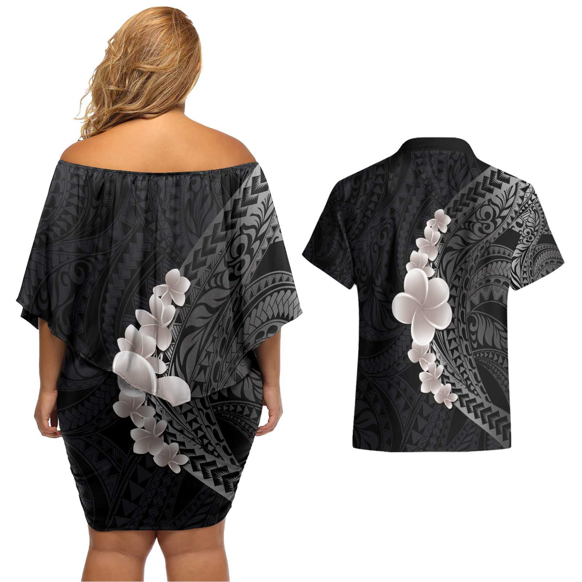 Hawaiian Tropical Plumeria Art Polynesian Tattoo Couples Matching Off Shoulder Short Dress and Hawaiian Shirt Grayscale Color LT03 - Polynesian Pride
