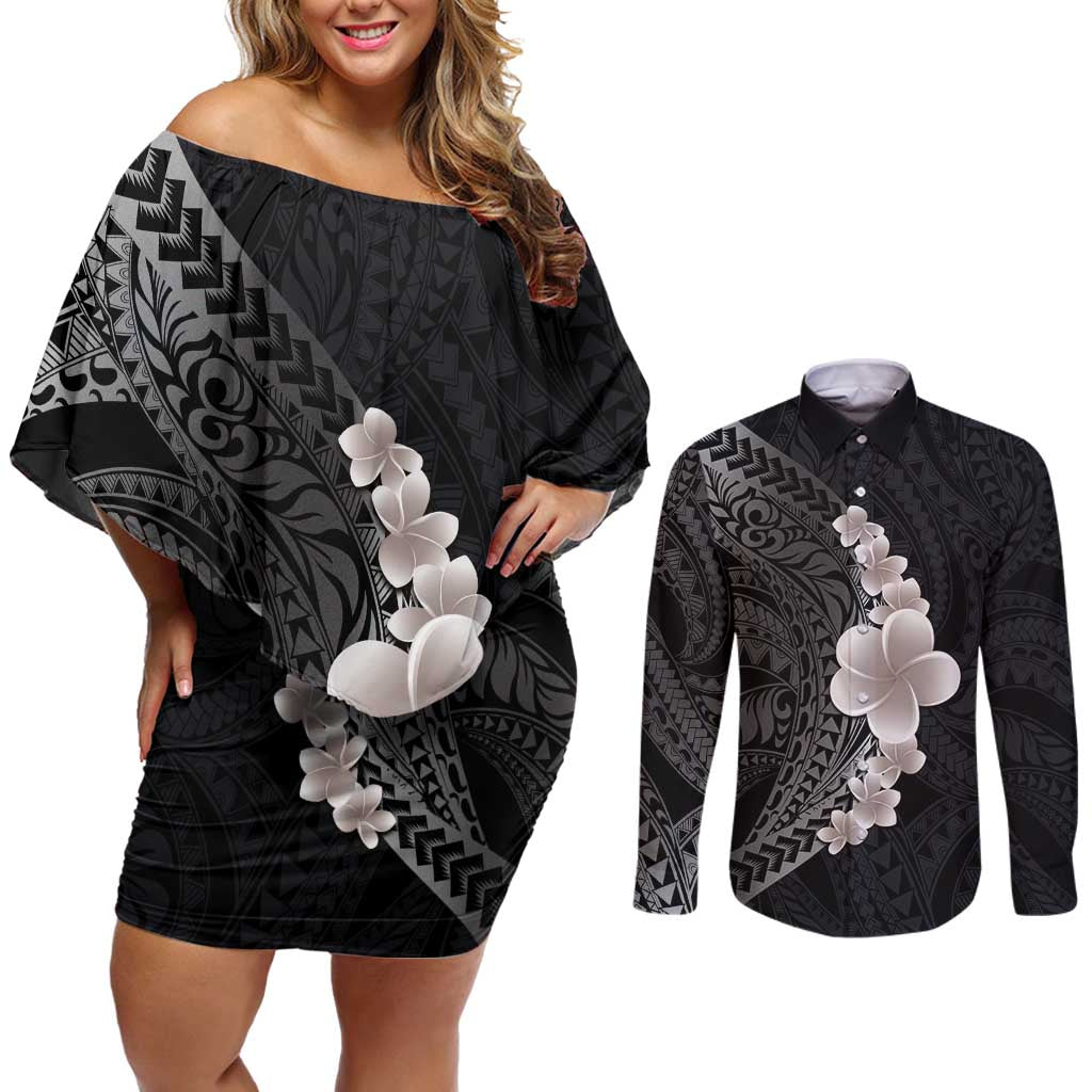 Hawaiian Tropical Plumeria Art Polynesian Tattoo Couples Matching Off Shoulder Short Dress and Long Sleeve Button Shirt Grayscale Color LT03 Black - Polynesian Pride