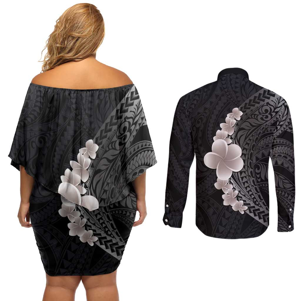 Hawaiian Tropical Plumeria Art Polynesian Tattoo Couples Matching Off Shoulder Short Dress and Long Sleeve Button Shirt Grayscale Color LT03 - Polynesian Pride