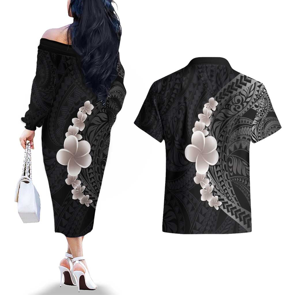Hawaiian Tropical Plumeria Art Polynesian Tattoo Couples Matching Off The Shoulder Long Sleeve Dress and Hawaiian Shirt Grayscale Color LT03 - Polynesian Pride