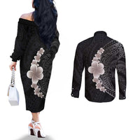 Hawaiian Tropical Plumeria Art Polynesian Tattoo Couples Matching Off The Shoulder Long Sleeve Dress and Long Sleeve Button Shirt Grayscale Color LT03 - Polynesian Pride