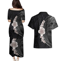 Hawaiian Tropical Plumeria Art Polynesian Tattoo Couples Matching Puletasi and Hawaiian Shirt Grayscale Color LT03 - Polynesian Pride