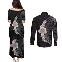 Hawaiian Tropical Plumeria Art Polynesian Tattoo Couples Matching Puletasi and Long Sleeve Button Shirt Grayscale Color LT03 - Polynesian Pride