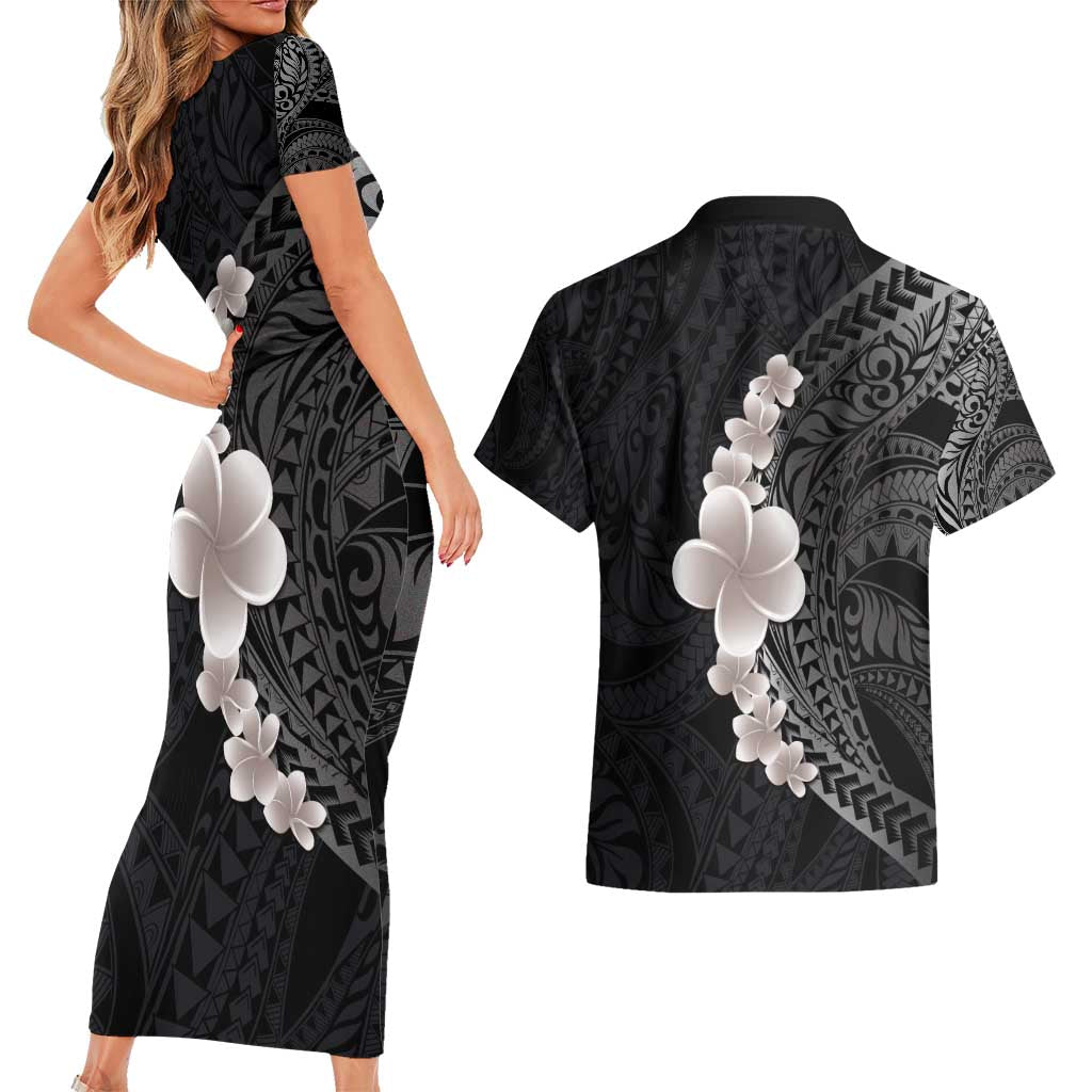 Hawaiian Tropical Plumeria Art Polynesian Tattoo Couples Matching Short Sleeve Bodycon Dress and Hawaiian Shirt Grayscale Color LT03 - Polynesian Pride
