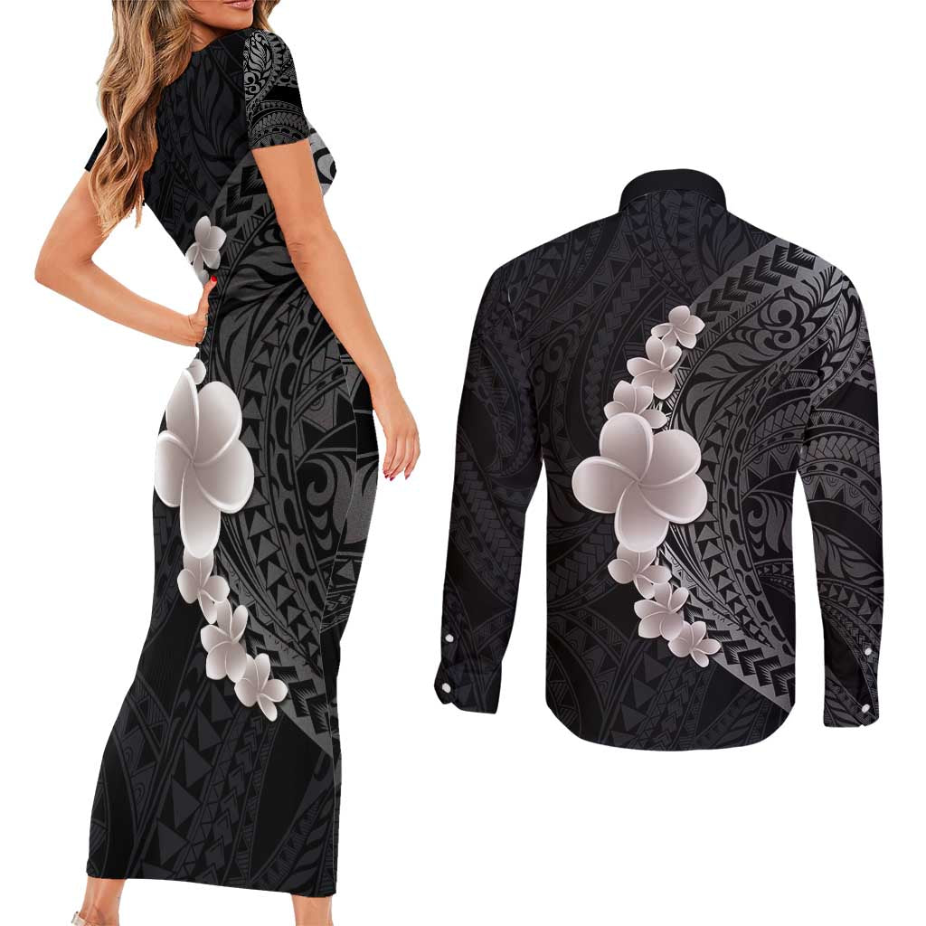 Hawaiian Tropical Plumeria Art Polynesian Tattoo Couples Matching Short Sleeve Bodycon Dress and Long Sleeve Button Shirt Grayscale Color LT03 - Polynesian Pride
