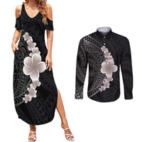 Hawaiian Tropical Plumeria Art Polynesian Tattoo Couples Matching Summer Maxi Dress and Long Sleeve Button Shirt Grayscale Color LT03 Black - Polynesian Pride