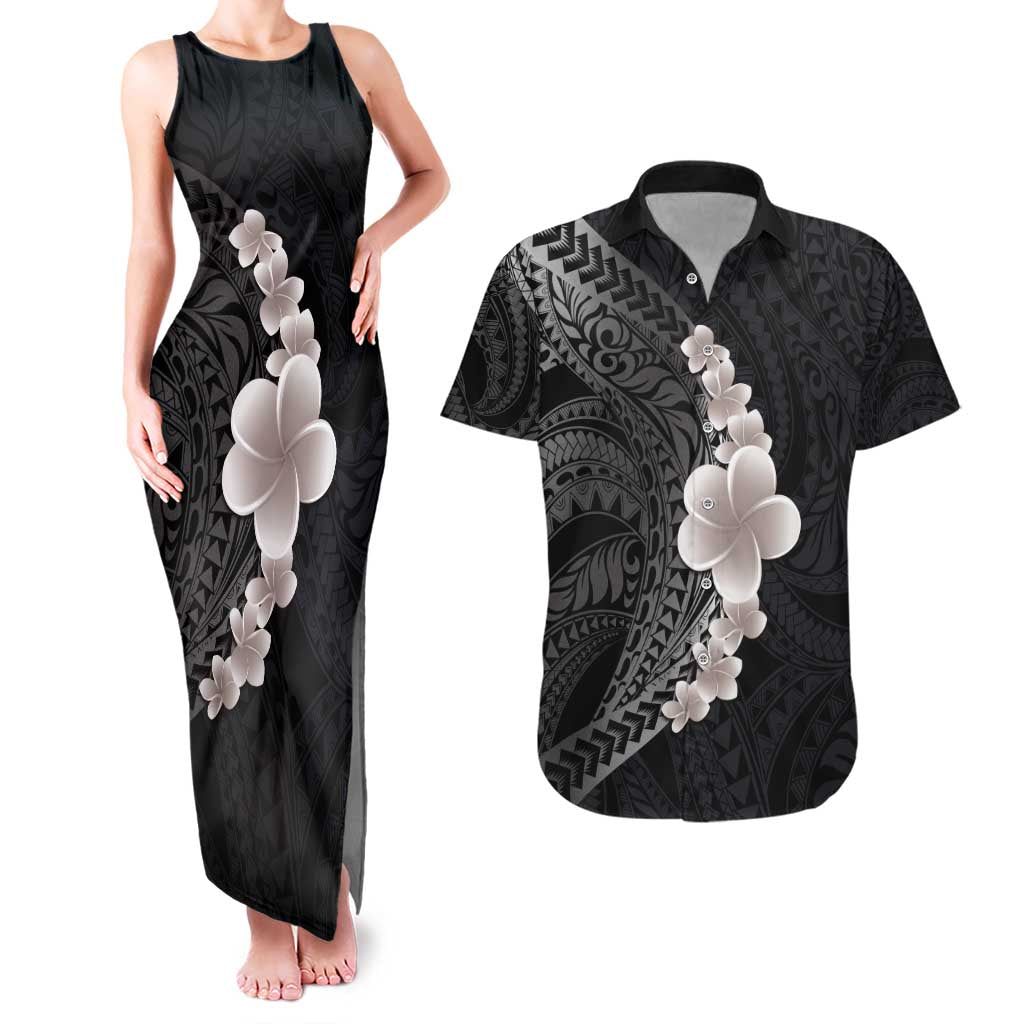 Hawaiian Tropical Plumeria Art Polynesian Tattoo Couples Matching Tank Maxi Dress and Hawaiian Shirt Grayscale Color LT03 Black - Polynesian Pride