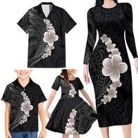 Hawaiian Tropical Plumeria Art Polynesian Tattoo Family Matching Long Sleeve Bodycon Dress and Hawaiian Shirt Grayscale Color LT03 - Polynesian Pride