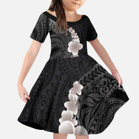 Hawaiian Tropical Plumeria Art Polynesian Tattoo Family Matching Mermaid Dress and Hawaiian Shirt Grayscale Color LT03 Daughter's Dress Black - Polynesian Pride