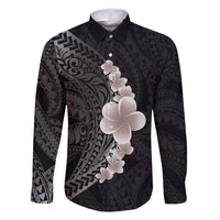 Hawaiian Tropical Plumeria Art Polynesian Tattoo Family Matching Mermaid Dress and Hawaiian Shirt Grayscale Color LT03 Dad's Shirt - Long Sleeve Black - Polynesian Pride