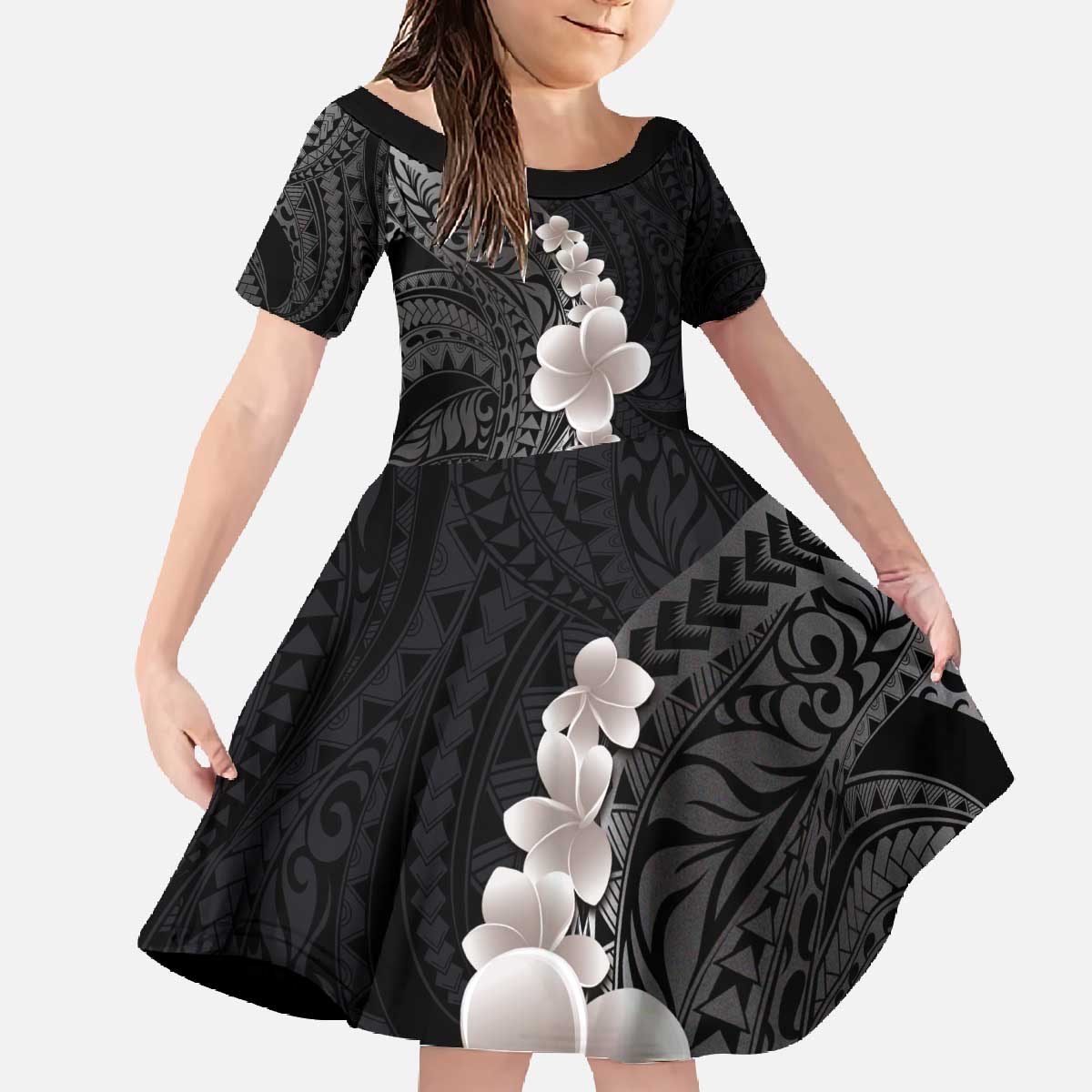 Hawaiian Tropical Plumeria Art Polynesian Tattoo Family Matching Off The Shoulder Long Sleeve Dress and Hawaiian Shirt Grayscale Color LT03 Daughter's Dress Black - Polynesian Pride