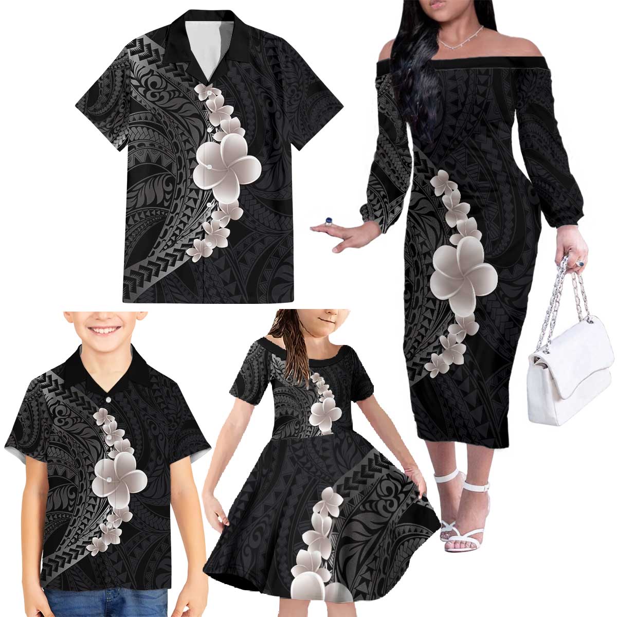 Hawaiian Tropical Plumeria Art Polynesian Tattoo Family Matching Off The Shoulder Long Sleeve Dress and Hawaiian Shirt Grayscale Color LT03 - Polynesian Pride