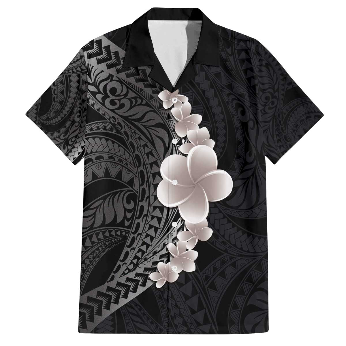 Hawaiian Tropical Plumeria Art Polynesian Tattoo Family Matching Off The Shoulder Long Sleeve Dress and Hawaiian Shirt Grayscale Color LT03 Dad's Shirt - Short Sleeve Black - Polynesian Pride