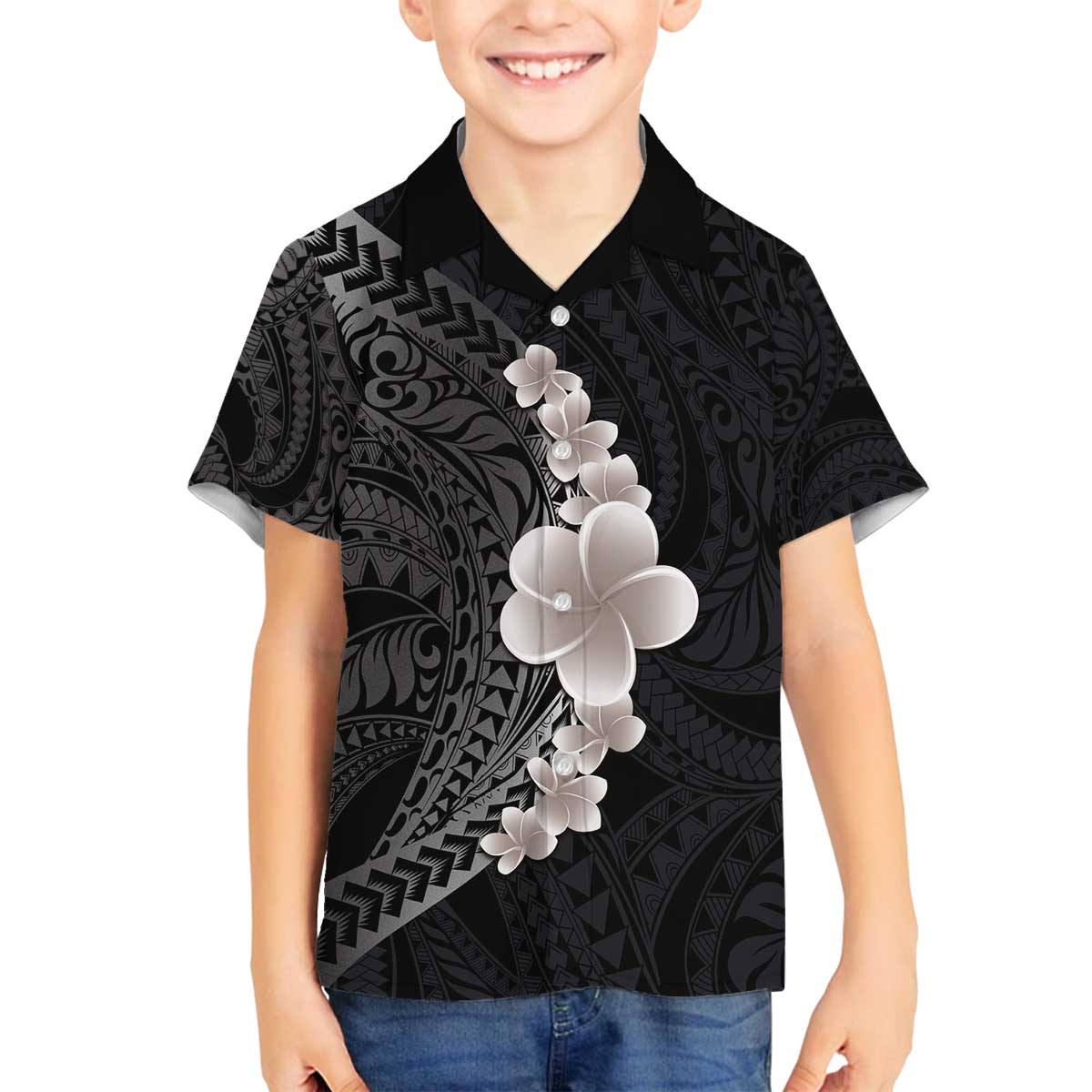 Hawaiian Tropical Plumeria Art Polynesian Tattoo Family Matching Off The Shoulder Long Sleeve Dress and Hawaiian Shirt Grayscale Color LT03 Son's Shirt Black - Polynesian Pride