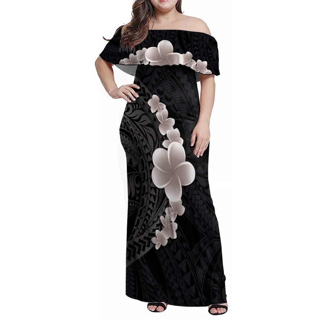 Hawaiian Tropical Plumeria Art Polynesian Tattoo Family Matching Off Shoulder Maxi Dress and Hawaiian Shirt Grayscale Color LT03 Mom's Dress Black - Polynesian Pride