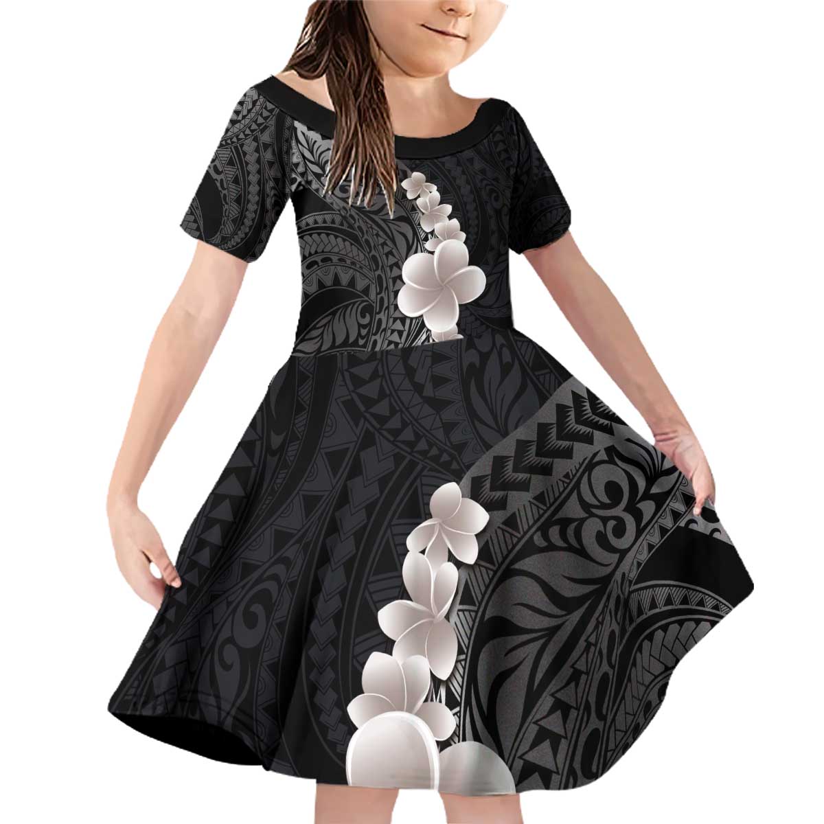 Hawaiian Tropical Plumeria Art Polynesian Tattoo Family Matching Off Shoulder Short Dress and Hawaiian Shirt Grayscale Color LT03 Daughter's Dress Black - Polynesian Pride