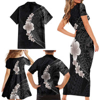 Hawaiian Tropical Plumeria Art Polynesian Tattoo Family Matching Short Sleeve Bodycon Dress and Hawaiian Shirt Grayscale Color LT03 - Polynesian Pride