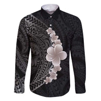Hawaiian Tropical Plumeria Art Polynesian Tattoo Family Matching Short Sleeve Bodycon Dress and Hawaiian Shirt Grayscale Color LT03 Dad's Shirt - Long Sleeve Black - Polynesian Pride