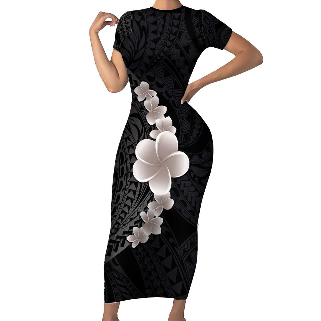 Hawaiian Tropical Plumeria Art Polynesian Tattoo Family Matching Short Sleeve Bodycon Dress and Hawaiian Shirt Grayscale Color LT03 Mom's Dress Black - Polynesian Pride
