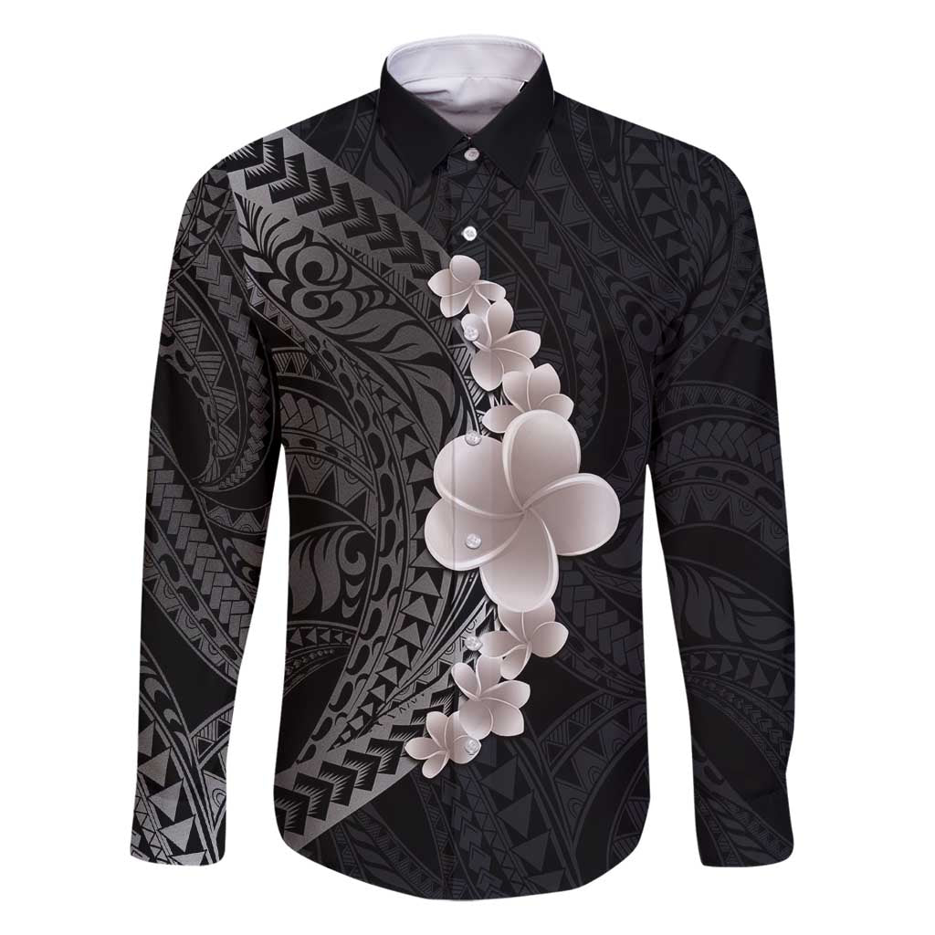 Hawaiian Tropical Plumeria Art Polynesian Tattoo Family Matching Tank Maxi Dress and Hawaiian Shirt Grayscale Color LT03 Dad's Shirt - Long Sleeve Black - Polynesian Pride