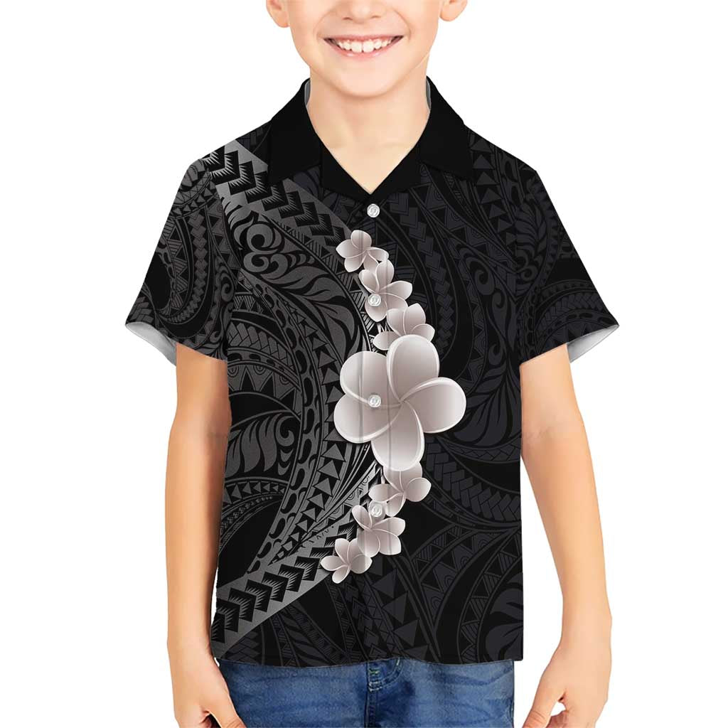 Hawaiian Tropical Plumeria Art Polynesian Tattoo Kid Hawaiian Shirt Grayscale Color LT03 Kid Black - Polynesian Pride