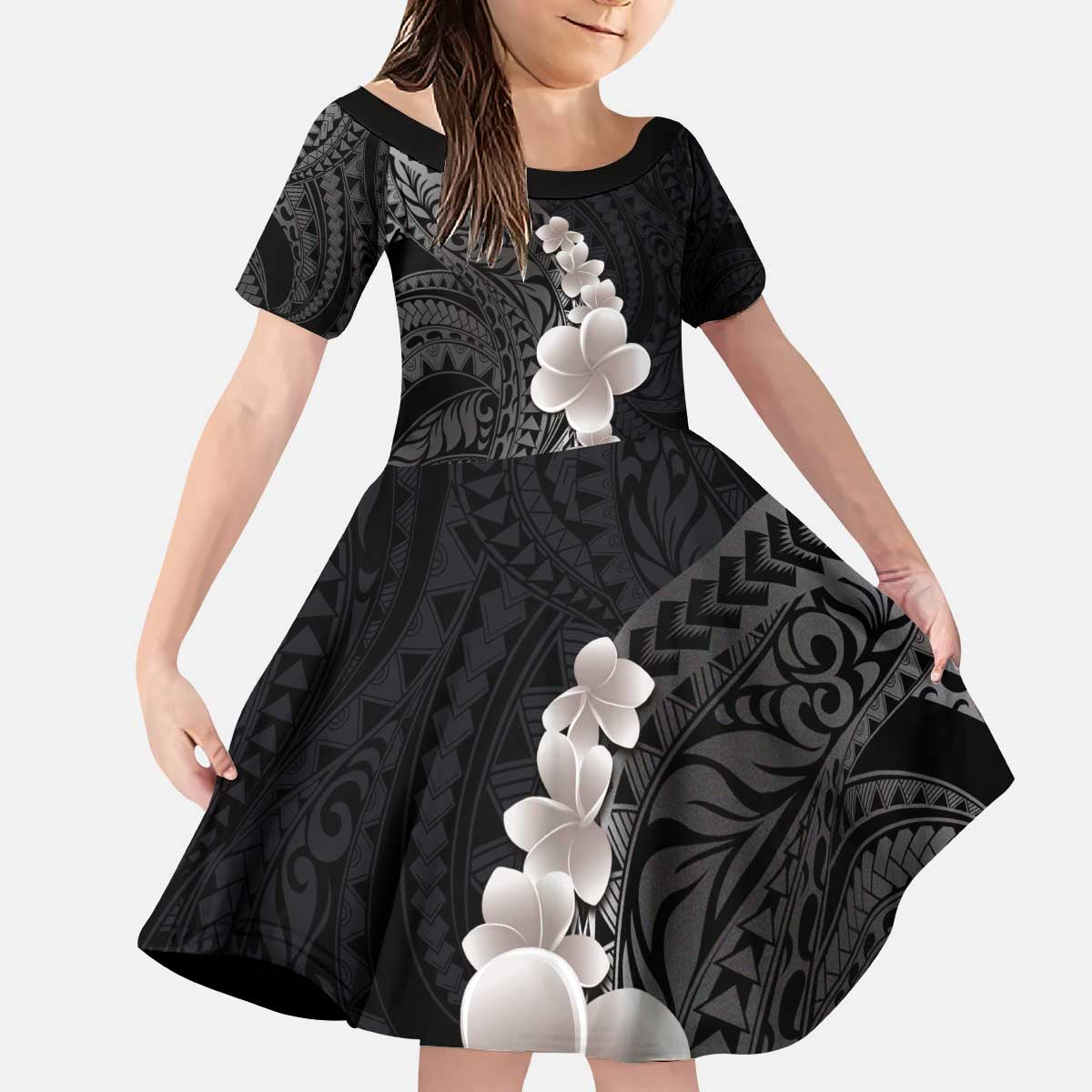 Hawaiian Tropical Plumeria Art Polynesian Tattoo Kid Short Sleeve Dress Grayscale Color LT03 KID Black - Polynesian Pride