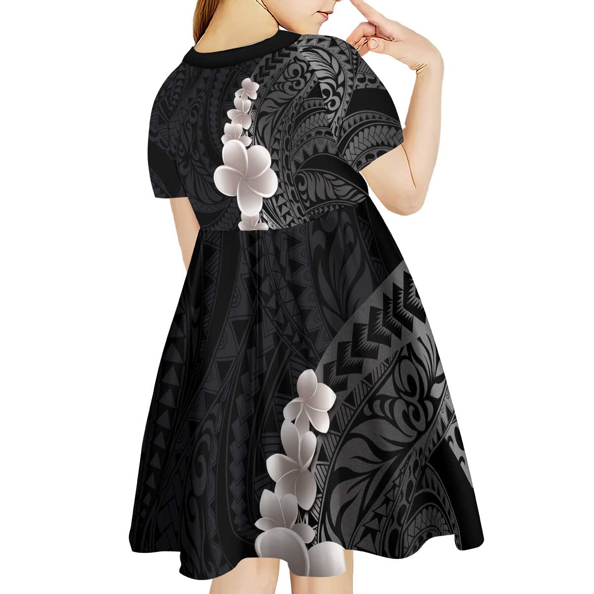 Hawaiian Tropical Plumeria Art Polynesian Tattoo Kid Short Sleeve Dress Grayscale Color LT03 - Polynesian Pride